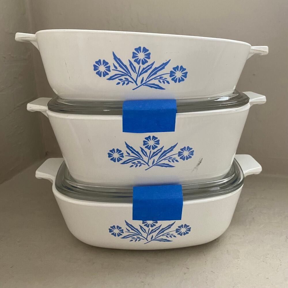 Vintage Set of 3 CorningWare Blue Cornflower 1 Qt Casserole Dishes Glass Lids